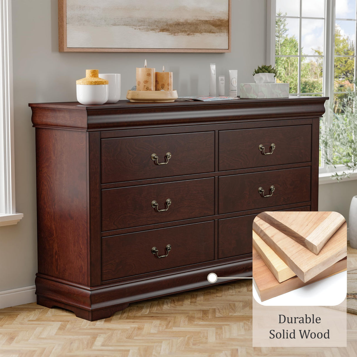 Furniture of America Arabella Traditional 6 Double Dresser with Antique Nickle Handles, Freestanding Storage Cabinet, No Assembly Wooden Chest of Drawers for Bedroom, Living Room, Cherry Furniture of America