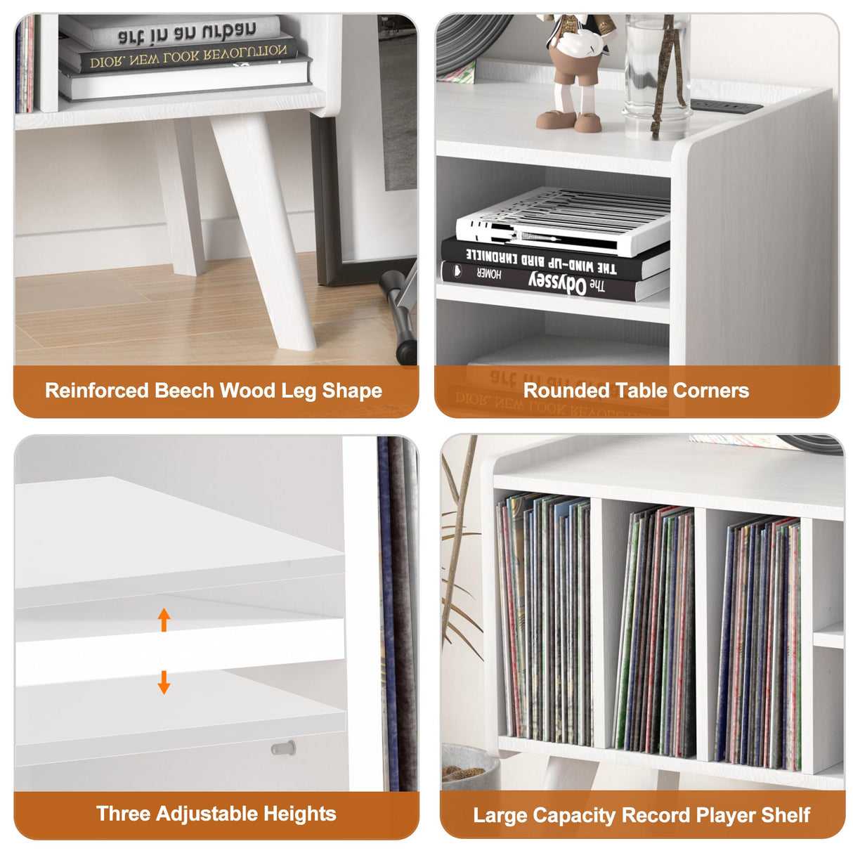 Forevich Record Player Stand Table with Vinyl Storage Holder Large Turntable Record Stand with Power Outlet Holds Up to 220 Albums Display Shelf Cabinet with Wood Legs for Living Room White Forevich