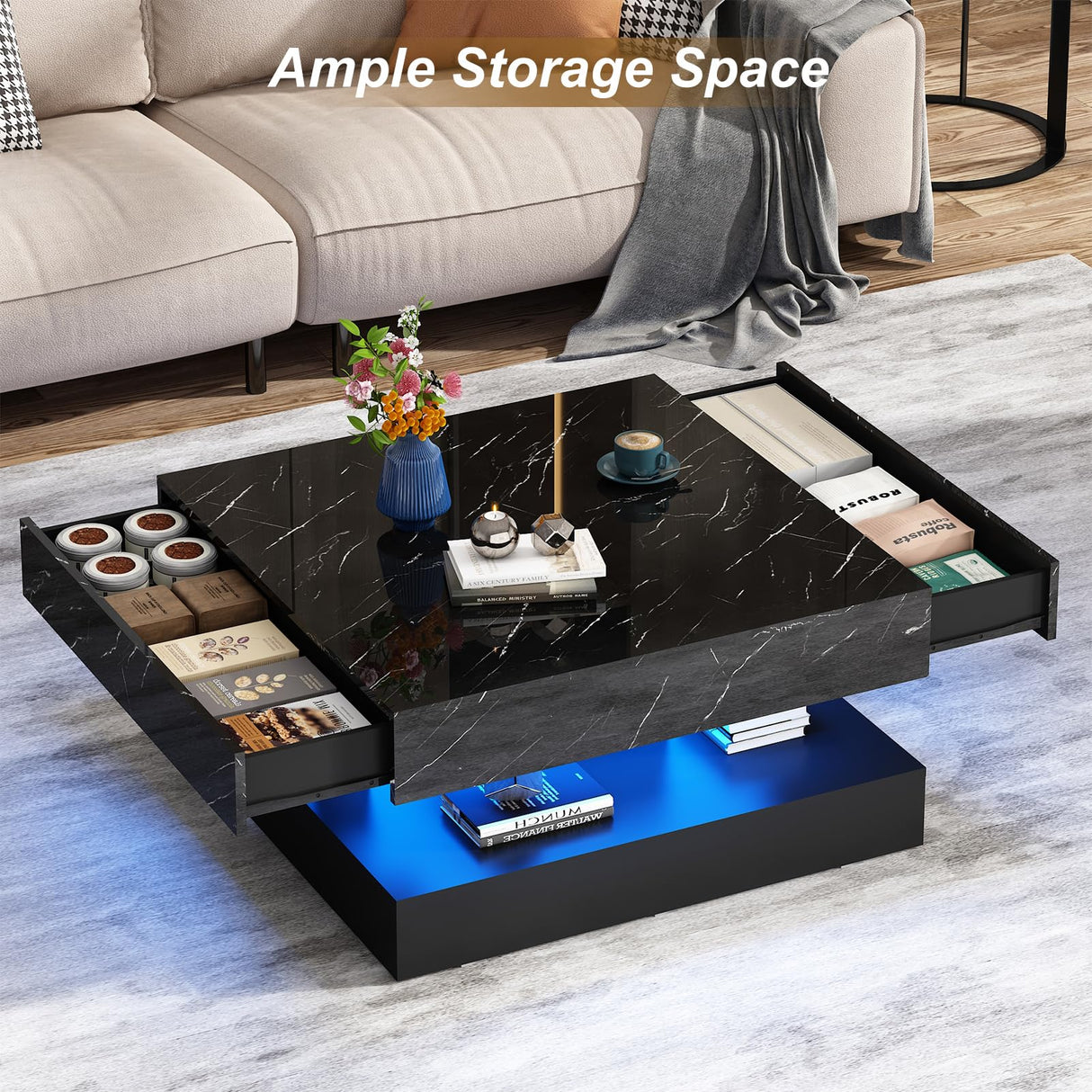 jiteentarou 33.9" LED Coffee Table with Storage, Modern High Glossy Living Room Table w/2 Drawers,Double-Layer Design Large Square Center Table for Living Room, Home, Office, Black Marble jiteentarou
