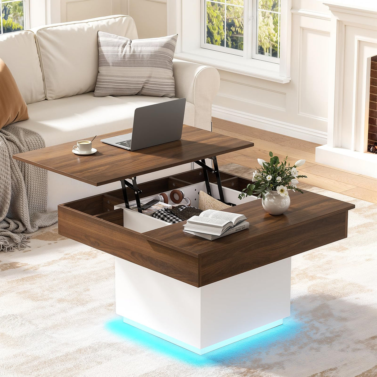 FABATO Lift Top Coffee Table with LED Light and Charging Station, 31.5 Inch Square Coffee Table with Hidden Storage, Modern Farmhouse Center Table for Living Room, Reception Dinning Room, White FABATO