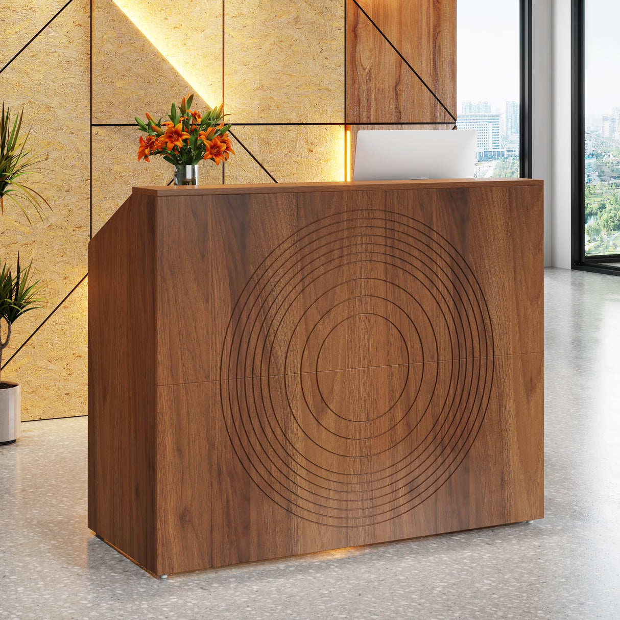 Tribesigns Reception Desk with Counter, Modern Front Desk Reception Room Table with Cable Grommet, 47 inch Retail Counter for Checkout, Lobby, Beauty Salon, Home Office Desk, Walnut Tribesigns