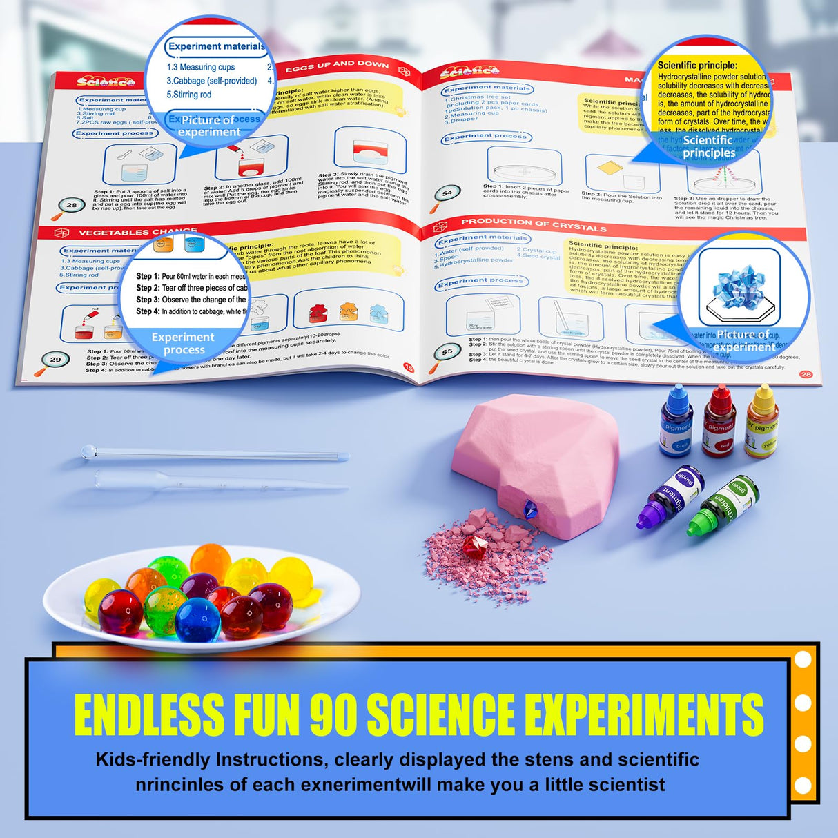 90 Lab Experiments Science Kit for Kids, STEM Activities Educational Scientist Toys Gifts for Age 6-12 Year Old Boys Girls, Chemistry and Physics Set Toys, Volcano Eruption Sbekiev