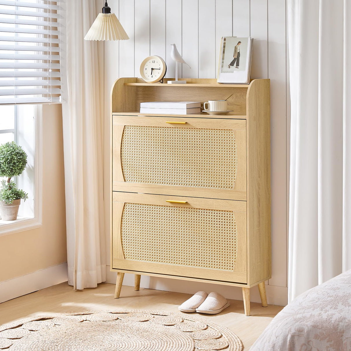 HOOBRO Rattan Shoe Storage Cabinet, Shoe Cabinet Storage for Entryway, Shoe Organizer with 2 Flip Drawers, Narrow Shoe Cabinet with Adjustable Shelves for Hallway, Living Room, Natural NN80SC01 HOOBRO