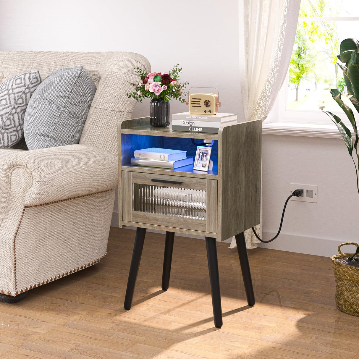 HAIOOU Set of 2 Mid Century Nightstand with Charging Station, Mid Century LED Light Modern End Table with Drawer, Glass Door, Open Shelf, Small Side Table Pine Wood Legs for Home Bedroom Living Room HAIOOU