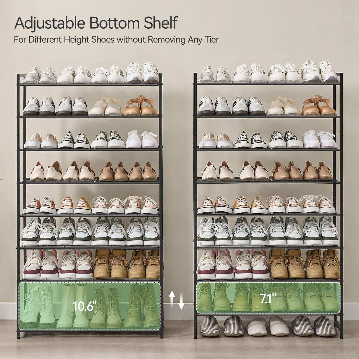 Nunsino Shoe Rack, Metal Shoe Organizer, 8 Tier Garage Shoe Rack Max Holds 40 Pairs,Shoe Storage Shelf for Closet,Entryway, Black Nunsino