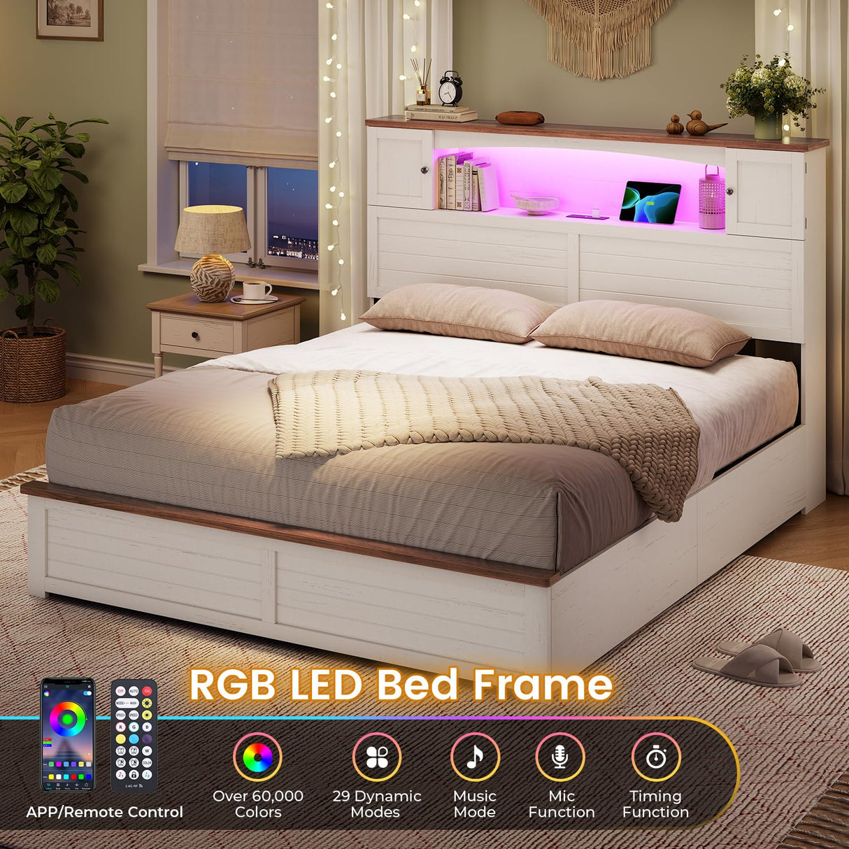 MSmask Farmhouse Queen Bed Frame with Bookcase and Storage Cabinets Headboard, Wood Platform Bed with LED Lights, Charging Station, 4 Drawers, Decoration Footboard, No Box Spring Needed, White MSmask