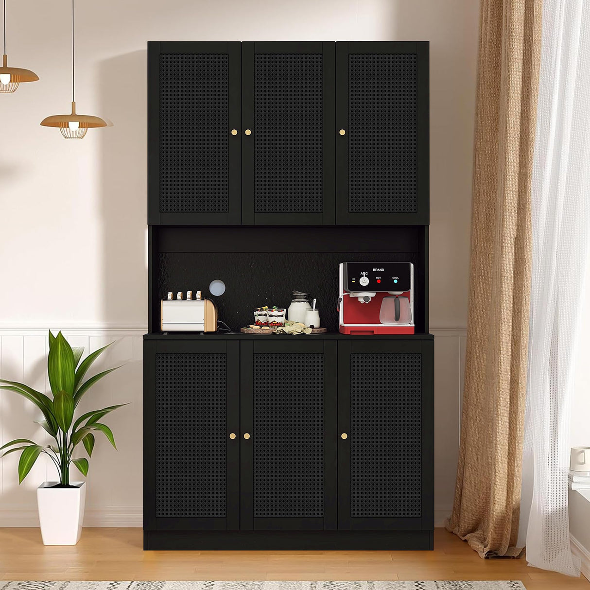ORRD Black Freestanding Kitchen Pantry Cabinet with Iron Rattan Doors - 6 Door Modern Sideboard Storage Solution ORRD