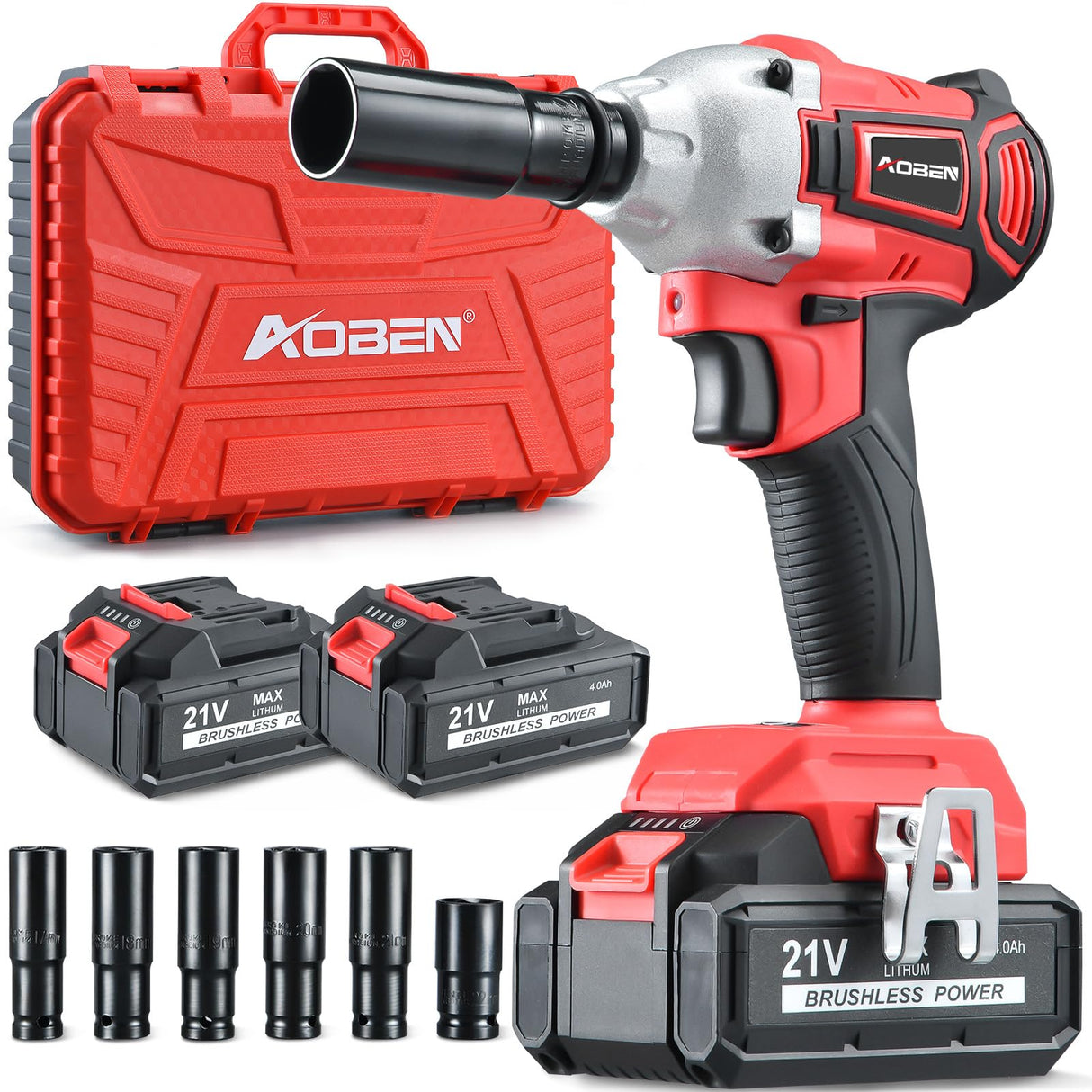 AOBEN Cordless Impact Wrench 1/2 inch,21V 300N.m Brushless Impact Gun with 2X 4.0Ah Battery,Charger & 6 Sockets,Electric Impact Wrench for Car Home (2 battery) Visit the Store AOBEN