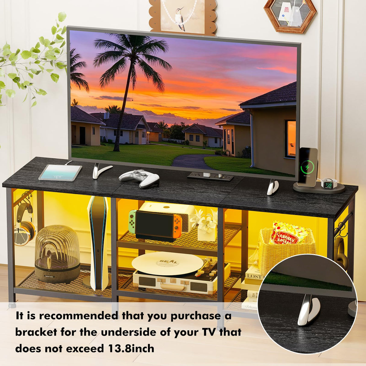 YGEOMER Black TV Stand Entertainment Center for 55 Inch TVs, with Charging Station and Lights Open Storage Shelves, TV Media Console, Open Storage Shelf with Sound Rack for Living Room, Bedroom YGEOMER