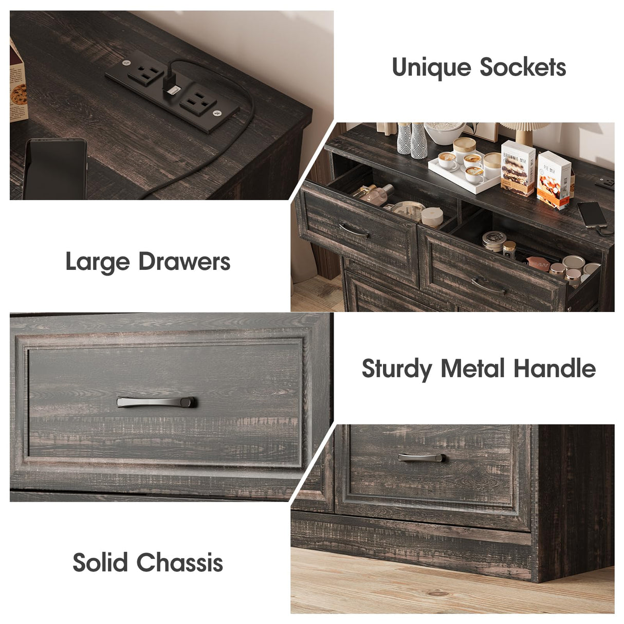 Fameill Dresser for Bedroom, 6 Drawer Wide Dressers Organizer with Charging Station for Hallway with Metal Handles, Dark Brown Fameill
