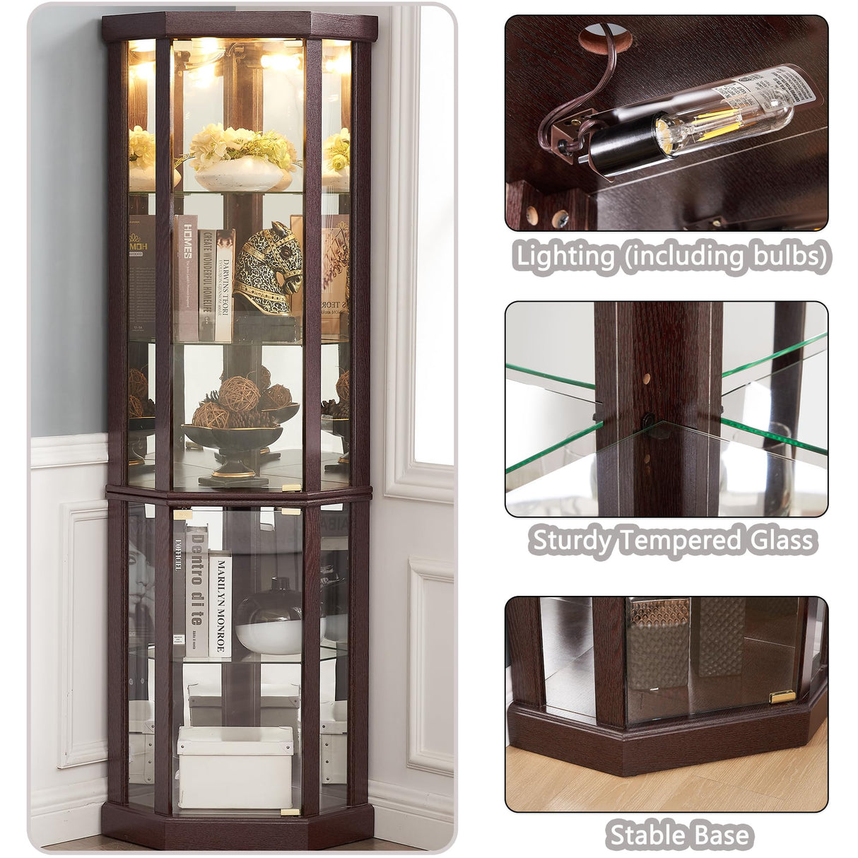 XZTUAJ 69" H Lighted Curio Cabinet Corner Display Case, Corner Glass Cabinet with Adjustable Shelves and Tempered Glass, Wooden Corner Curio Cabinet w/Mirrored Back Pane for Living Room (Dark Cherry) XZTUAJ