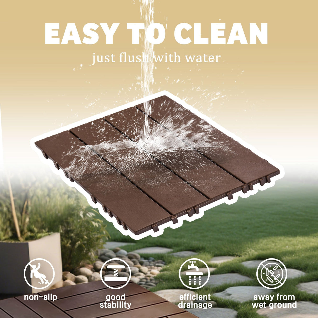 76 Pack Interlocking Deck Tiles, 11.42"x11.42" (68.80 Sq.Ft), 3D Wood Grain Plastic, Waterproof All-Weather Anti-Slip Outdoor Flooring, Easy-Snap Patio Balcony Backyard Garden Tiles, Brown UXENAFANA