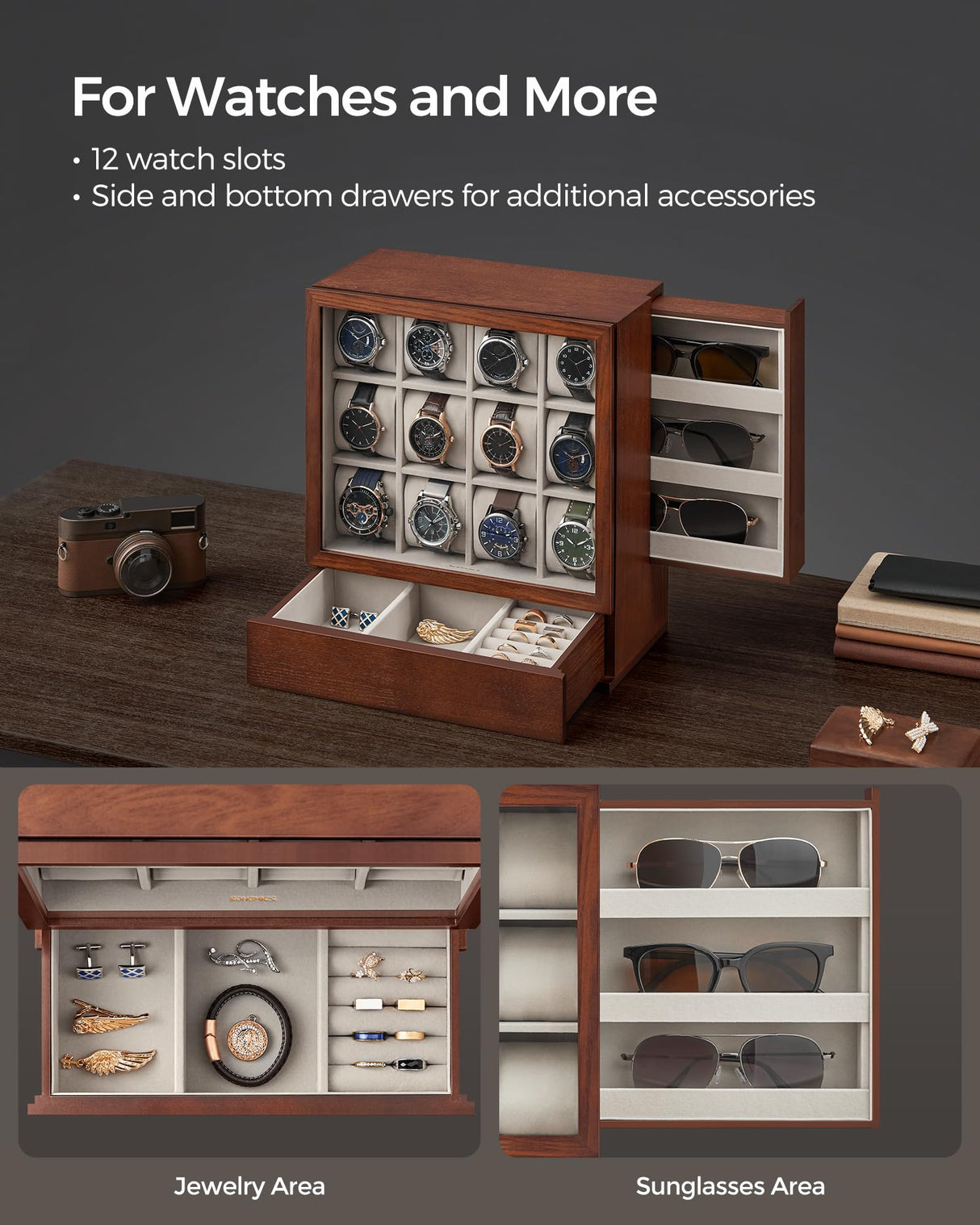 SONGMICS 12-Slot Wooden Watch Box, Watch Display Case with Window, Watch Display Cabinet with Solid Wood Veneer, Velvet Lining, Vertical Storage, SONGMICS