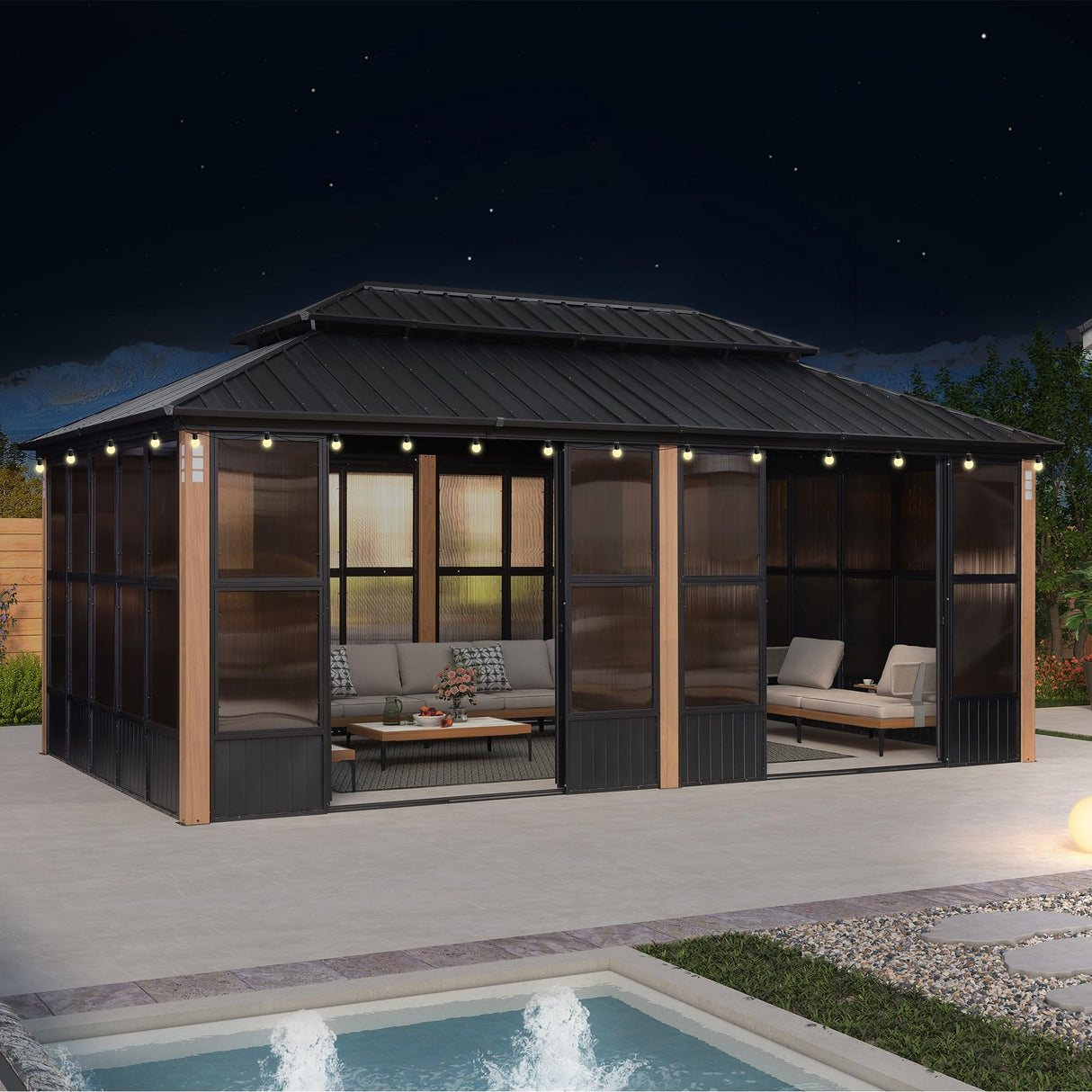 PURPLE LEAF 12' X 20' Patio Hardtop Gazebo Double Top Outdoor Screen House Aluminum Solarium Backyard Sun Room with Detachable Windows and 36 Solar String Light PURPLE LEAF