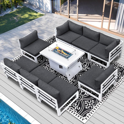 RADIATA 9 Pieces Aluminum Patio Furniture with Fire Pit Conversation Set with 29'' Large Depth Seat Outdoor Luxury Sofa Set (Dark Gray with White Aluminum)