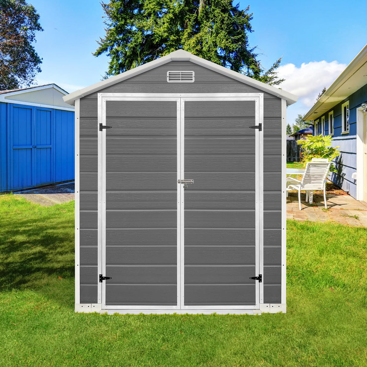 6x4 FT Outdoor Storage Shed with Floor, Plastic Garden Tool Shed with Windows, Vents & Lockable Door, Easy to Assemble Resin Bike Shed for Patio, Backyard, Lawn, Grey LINKHOO