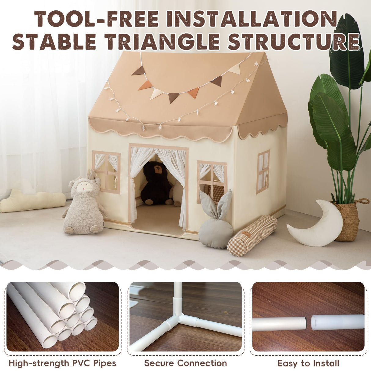 Duwenem Kids Tent with Basic Mat Large Kids Playhouse Indoor with Star Light Toddler Play Tent for Kids Toy House Gift 52“x47”x 40“(Coffee Cream) Duwenem