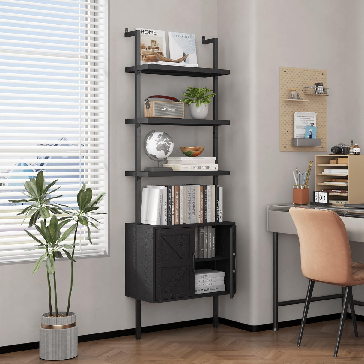 Yusong 73" Tall Bookshelf with Cabinet, Farmhouse Ladder Wall Mount Shelf Industrial Bookcase with Wood and Metal Frame, Plant Shelf Wall Storage Book Case Display for Living Room Bedroom Black Yusong