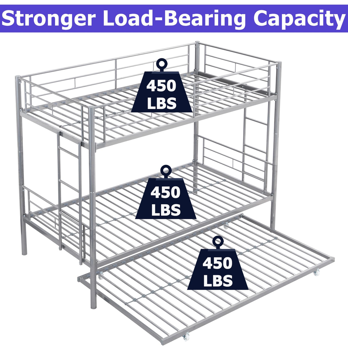 Heavy Duty Metal Bunk Bed Twin Over Twin for Kids Adults, Modern Twin Over Twin Bunk Bed with Trundle, Latest Version Twin Size Bunk Beds Frame, Convertible Bunkbed with Safety Guard Rails (Silver) FUSVZ
