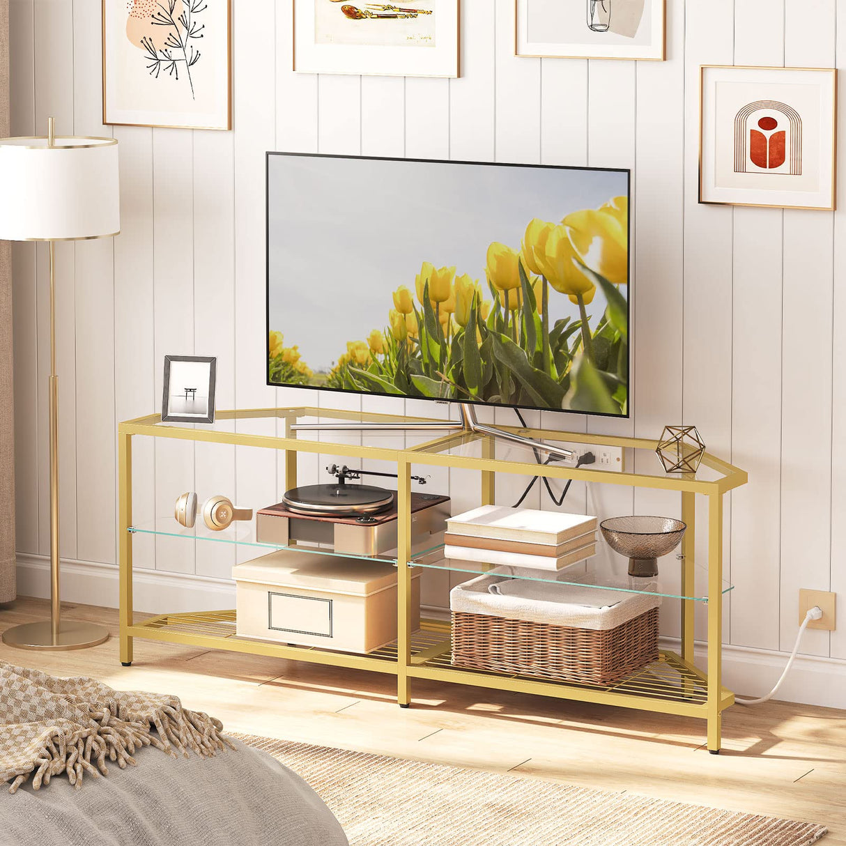 HOOBRO Corner TV Stand with Power Outlet for TVs up to 60", Modern 55" Corner TV Console Table with Open Shelves, Tempered Glass Media Entertainment Center for Living Room, Bedroom, Gold GD143UDS01 HOOBRO