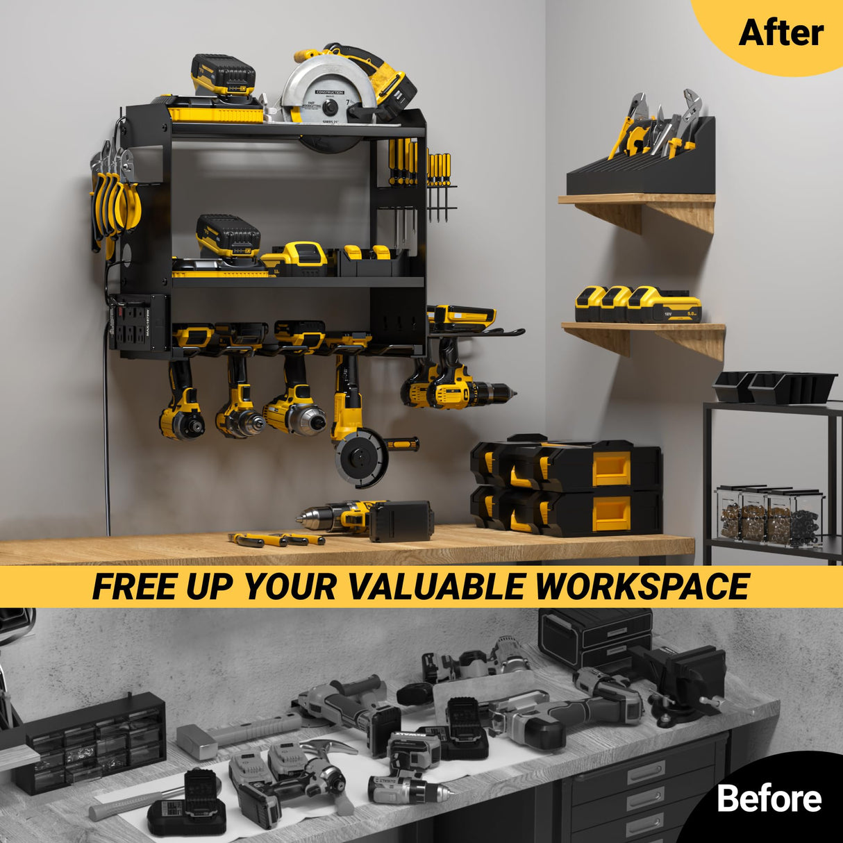 YYR Power Tool Organizer Wall Mount with Charging Station, Cordless Tools Hanger and Battery Storage Rack for Garage Organization, Heavy Duty Drill Holder Shelf Build in Metal Power Strip - Black YYR