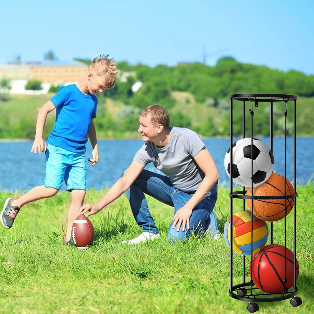 RunNico Columnar Vertical Ball Racks- 40x13.2 Inch Rolling Basketball Holder Wall Mount-Garage Sports Ball Storage for Indoor Rooms and Gyms RunNico