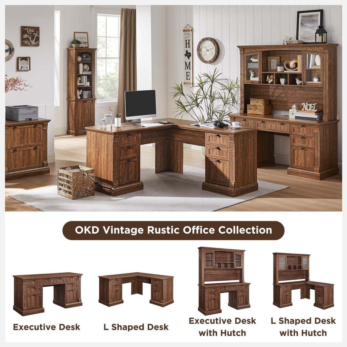 OKD 60" Executive Desk with Drawers, Farmhouse Home Office Desk with Charging Station, Keyboard Tray, File Cabinet Storage, Wood Computer Desk for Work and Study, Reclaimed Barnwood OKD
