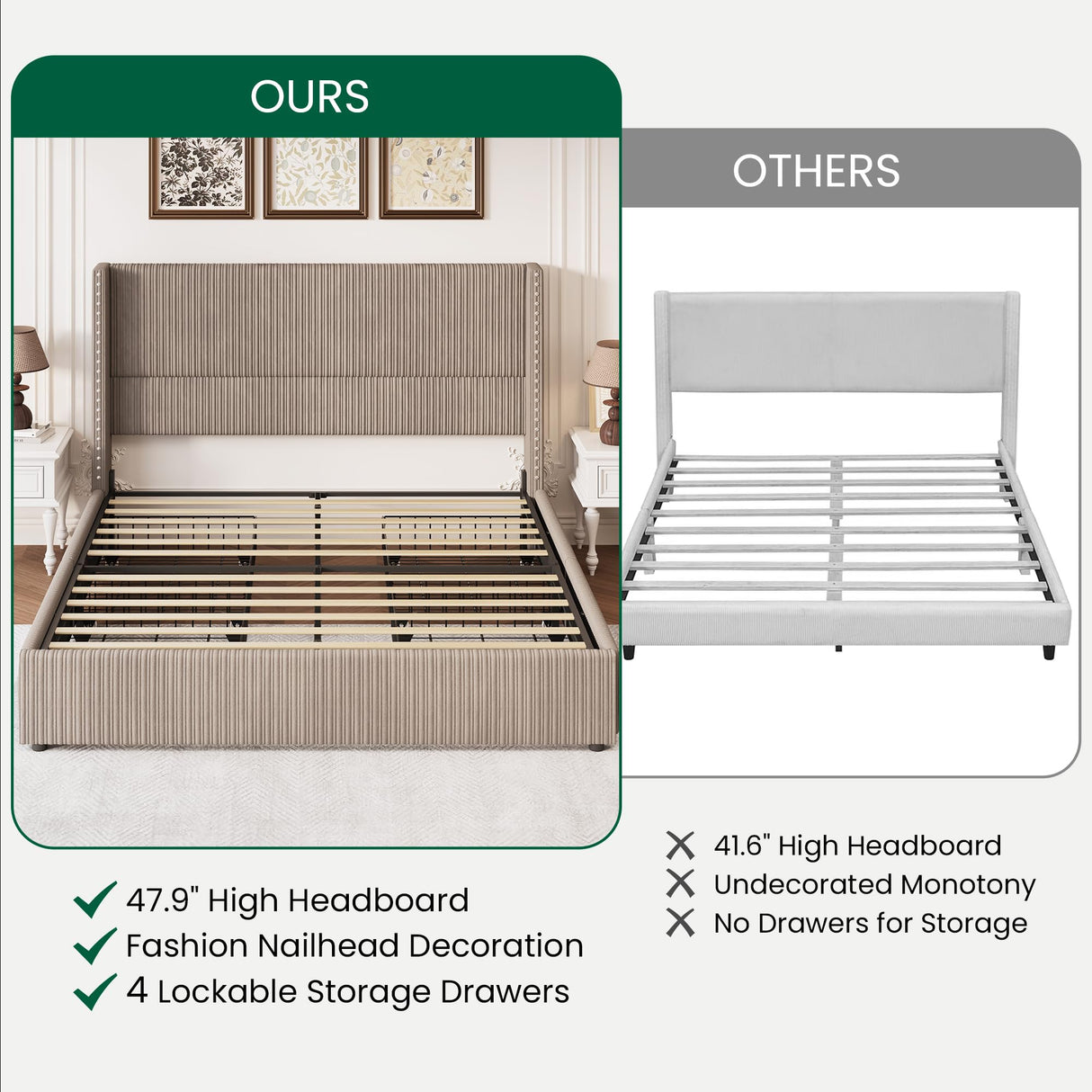LARMACE King Size Bed Frame with 4 Storage Drawers,Corduroy Upholstered King Size Platform Bed Frame with Tufted Vertical Stripe,Solid Wood Leg/No Box Spring Needed/Noise Free,Brown LARMACE