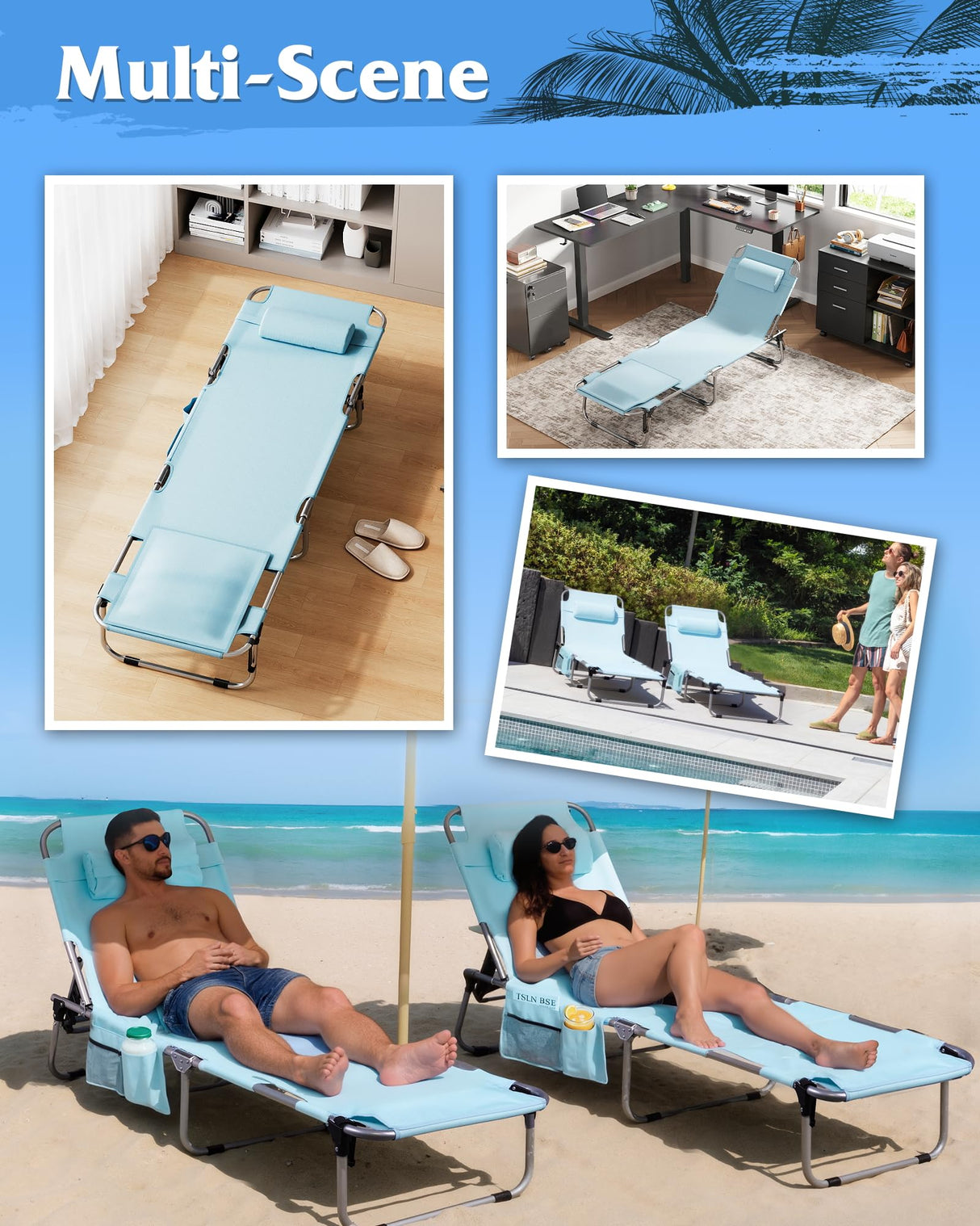 WLIVE Outdoor Tanning Chair, 5-Position Folding Beach Chair with Face Hole, Portable Patio Lounge Chair for Beach, Pool,Camping, Light Blue WLIVE