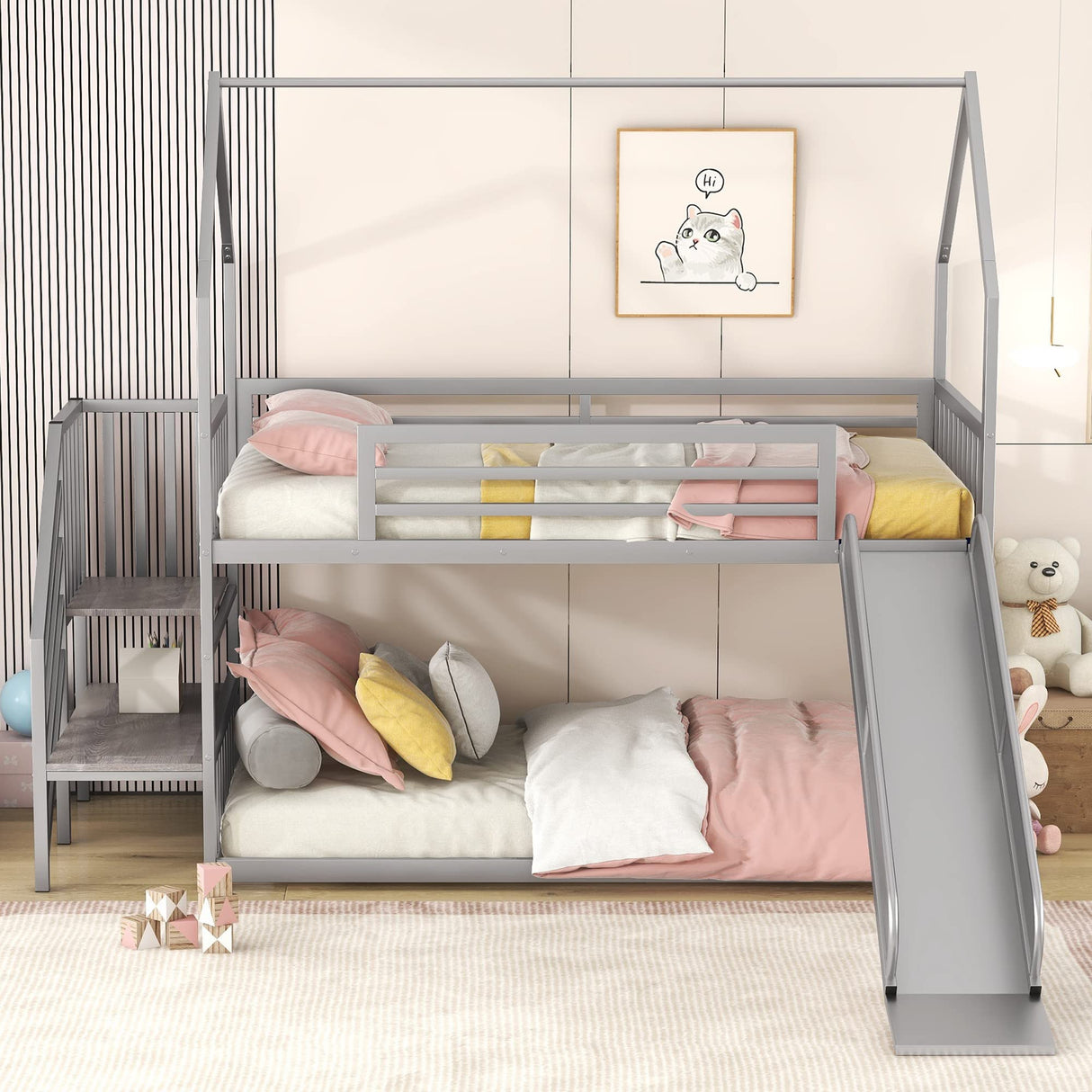 Favfurish Twin Over Twin-Size Metal Bunk Bed House-Shape-Bed with Slide and Staircase,No Box Spring Needed, Easy to Install, for Kids, Girls, Boys,Silver Favfurish