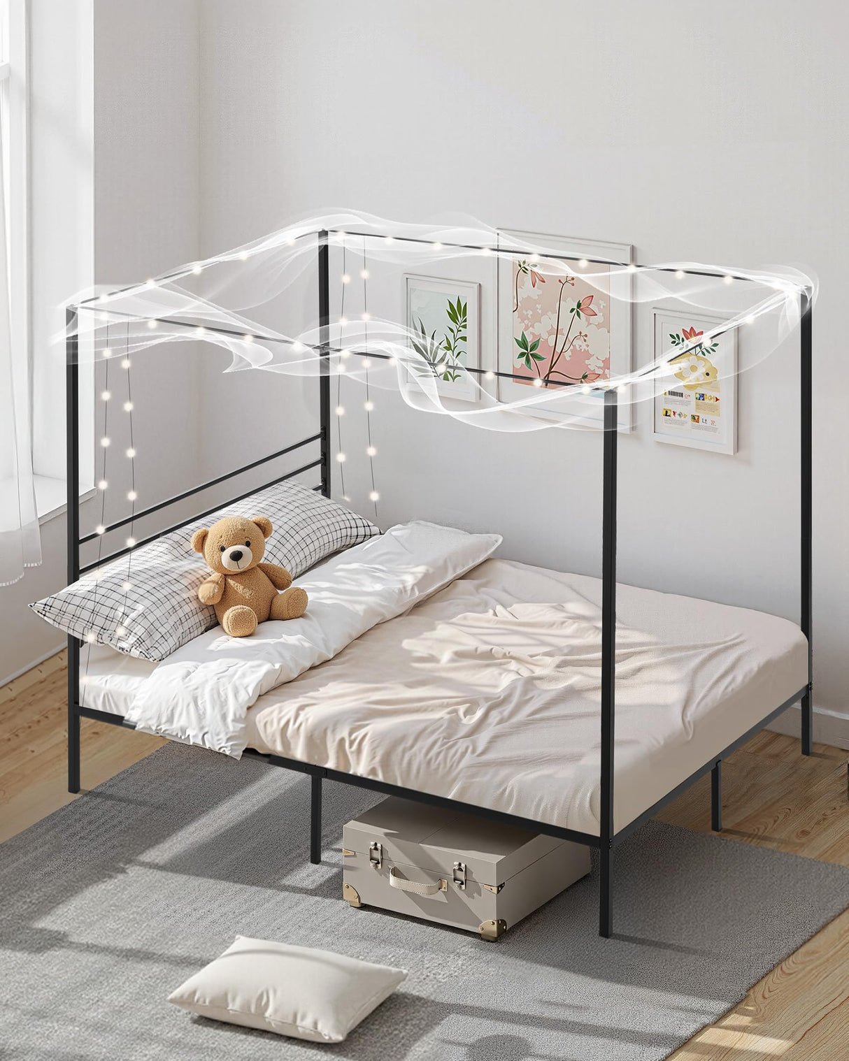 VEVOR Canopy Bed Frame Full Size, Metal Canopy Bed with Four Posters Design, Heavy Duty Steel Slats Support, Underbed Storage Space, No Box Spring Needed, Easy Assembly, Black VEVOR