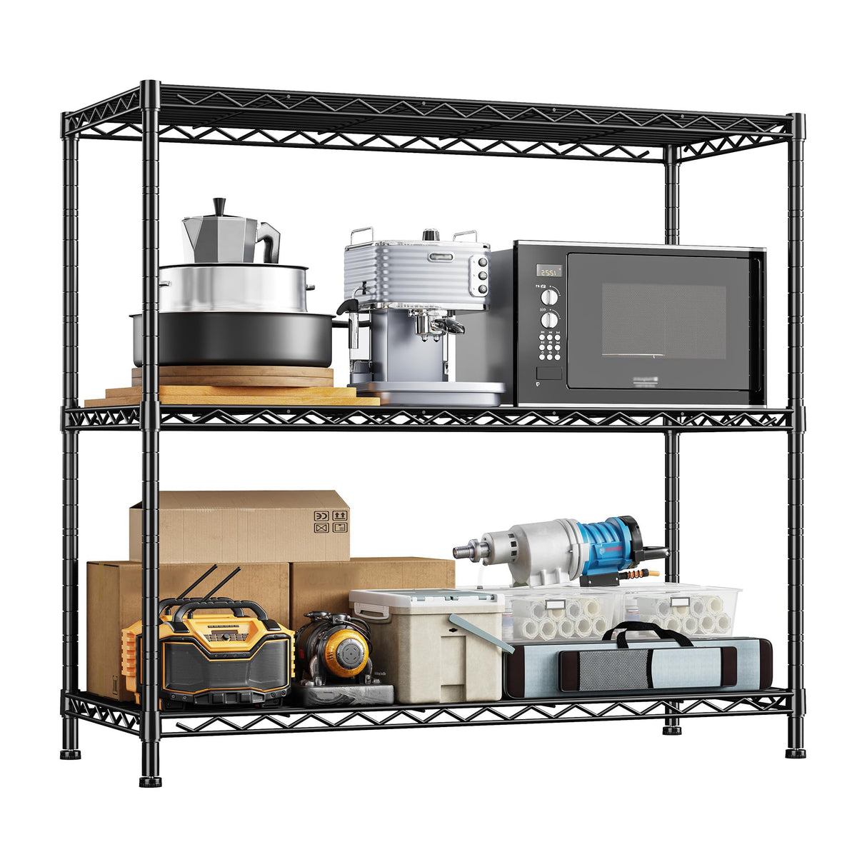 DurayLoly 3- Shelf Metal Shelving Unit 35.6Wx14Dx36H Adjustable Storage Shelves Heavy Duty Garage Shelving Steel Wire Shelving for Laundry Bathroom Kitchen Pantry Closet Garage Black DurayLoly