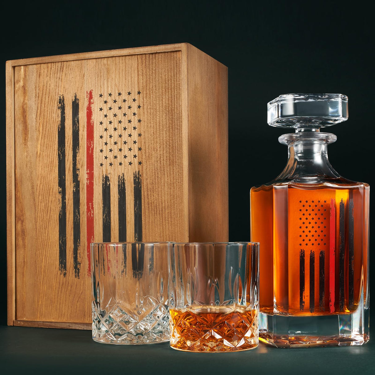 Firefighter Tactical Red Tattered American Flag USA Whiskey Gift Set | 730mL Decanter & 2 Whiskey Glass + Wood Gift Box | Fire Fighter, Gifts, Wine Decanter Airtight, Fire Department FD, Men, Dad, Him The Wine Savant