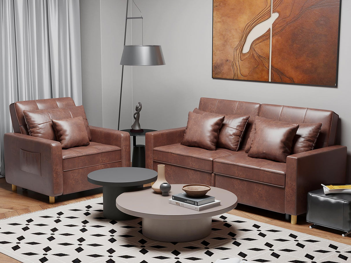 Esright Futon Chair Bed, 3-in-1 Pull-Out Sleeper Sofa Reading Chair for Adults, Convertible Sofa Chair with 3-Level Backrest for Small Space, Dorm, Living Room, Apartment, Office, Saddle Brown Esright