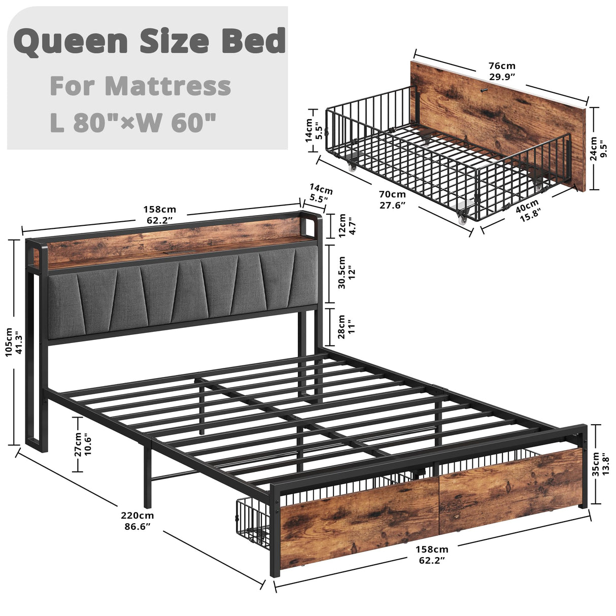 Vintage Brown & Gray LIKIMIO Queen Bed Frame with Storage Headboard and Charging Station LIKIMIO