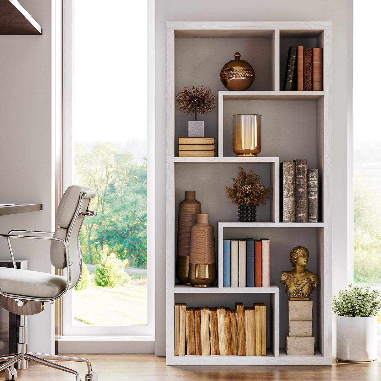 IRONCK Geometric Bookcase 6-Shelf Industrial Bookshelf White Etagere Bookcase Tall Storage Display Bookshelf with Thicken Shelf for Living Room Home Office IRONCK