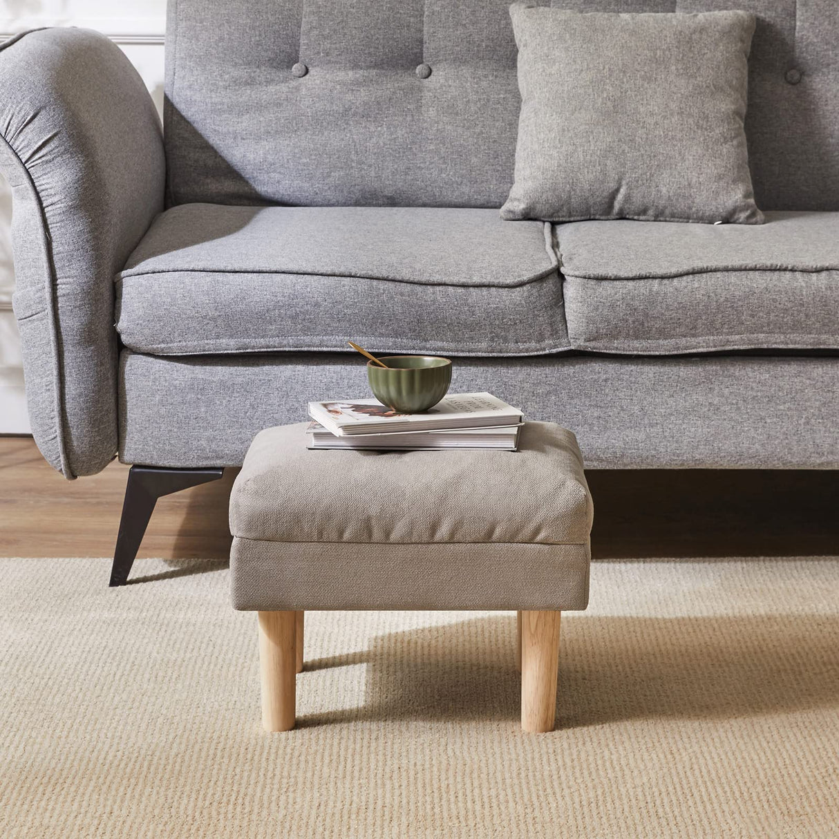 YMYNY 15.75" Small Footstool Ottoman, Footrest with Sponge Padded Seat, Step Stool for Sofa, Bedroom, Living Room, Entryway, Modern Change Shoes Stool, Wood Legs, Gray, UHBD023G YMYNY
