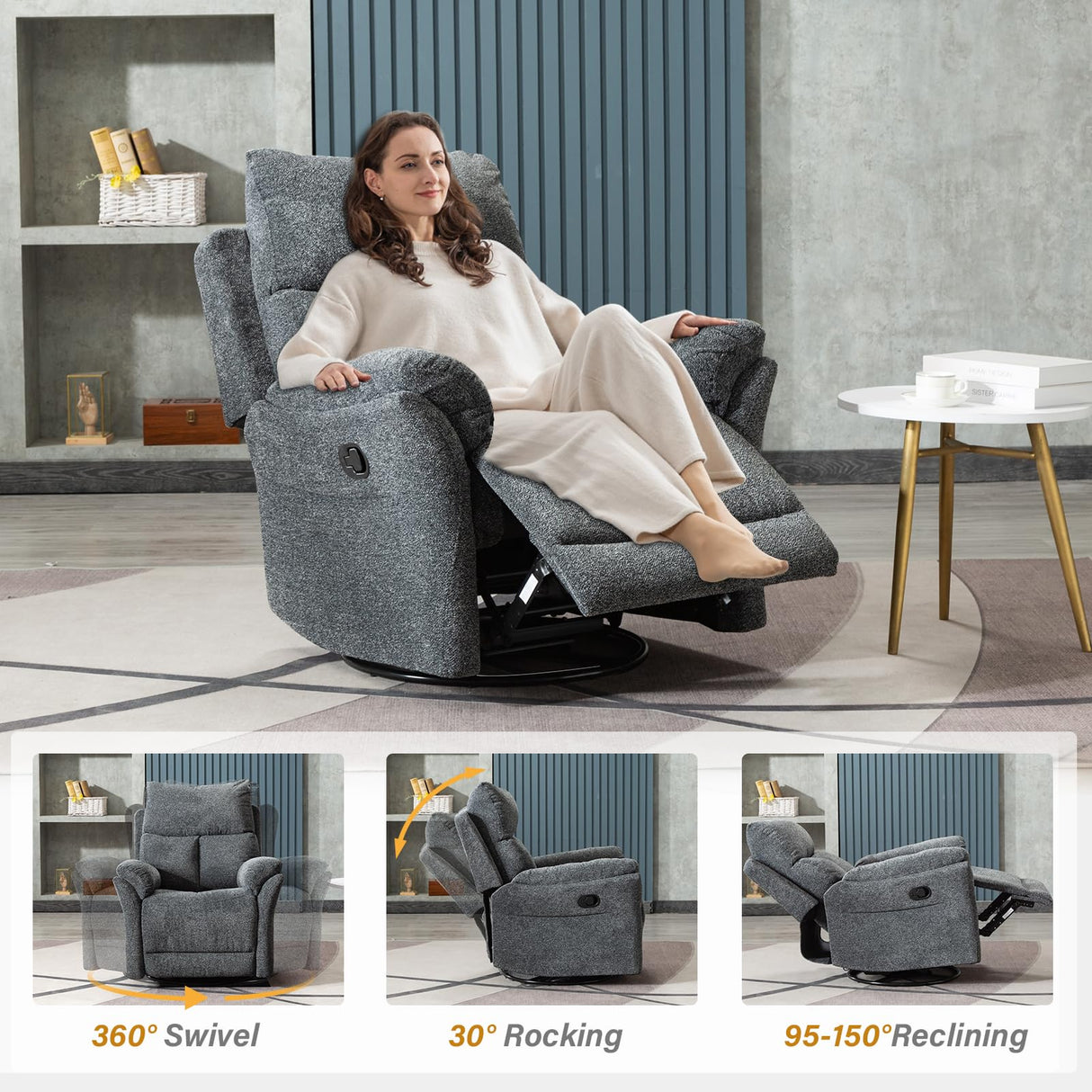ANJ Swivel Rocker Recliner Chair Nursery Manual Glider Rocking Recliner Chairs for Adults, Small Recliners for Small Space, 360° Swivel Lazy Boy Recliner Chairs for Living Room, rv, Smoky Grey ANJ