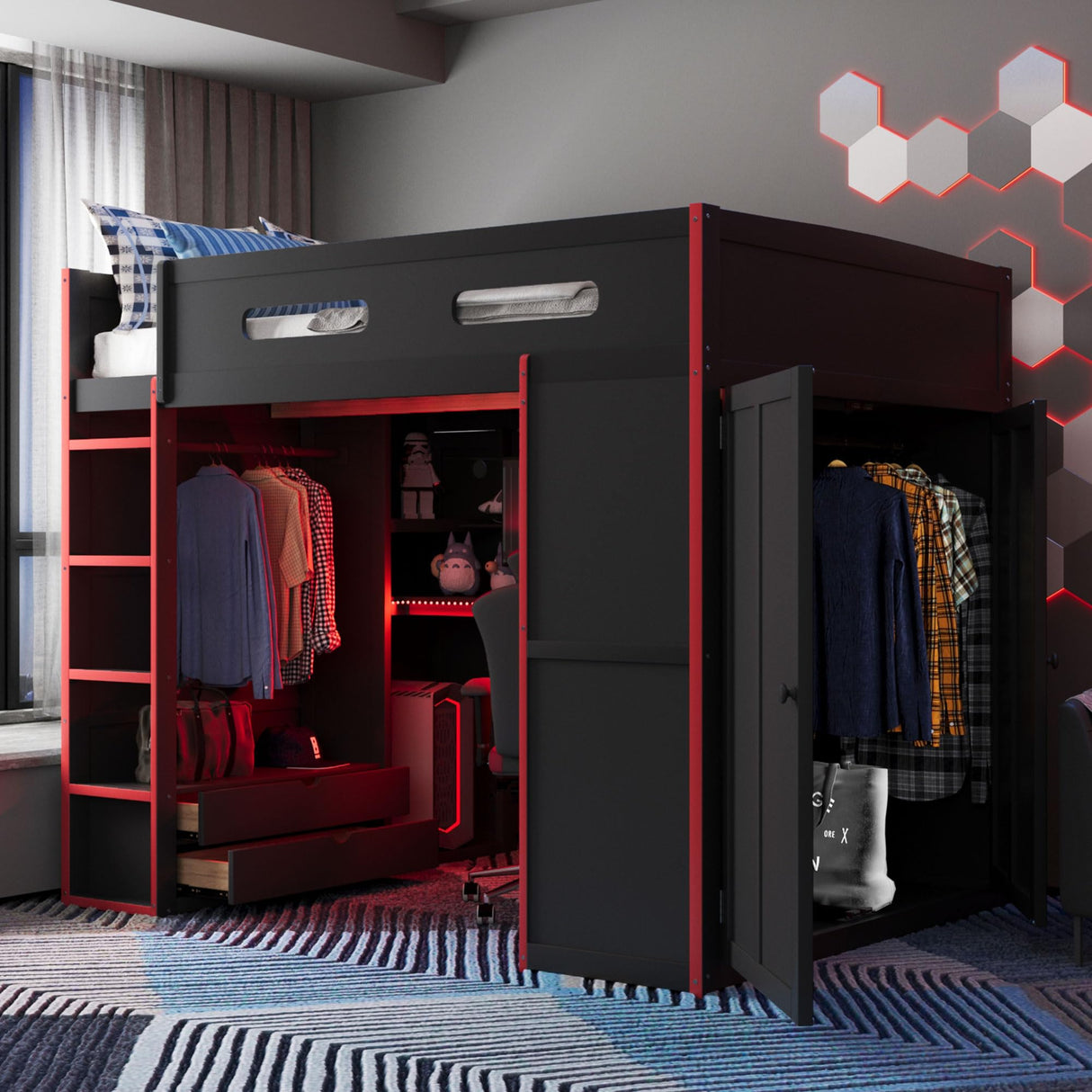 CKLMMC Full Size Gamer Loft Bed with Built-in Desk, RGB Lighting, USB Port & Storage, Gaming Bed with Wardrobe, Drawers for Kids, Teens, Adults (Red/G) CKLMMC