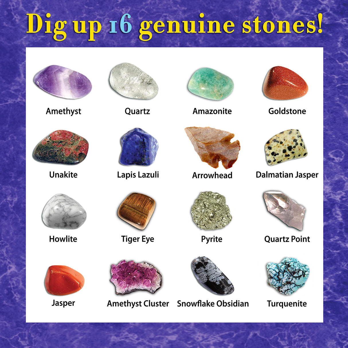 DANCING BEAR Gem stone Dig Kit, Excavate 16 Real Gems & Crystals including Arrowheads, Quartz Point and Amethyst, STEM Education for Kids, Fun Rock Mining Science Activity Gift Sets for Girls and Boys DANCING BEAR