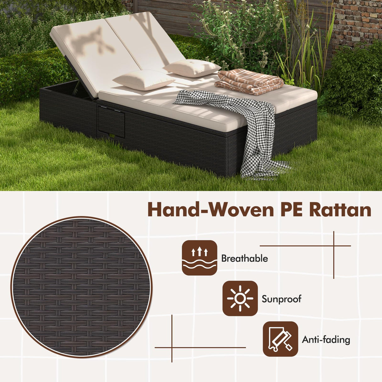 HAPPYGRILL Outdoor Patio Lounge Daybed PE Wicker Double Chaise Lounge with 6-Position Adjustable Backrests, Soft Pillows & Cushions, 2-Person Reclining Sunbed with Foldable Cup Trays HAPPYGRILL