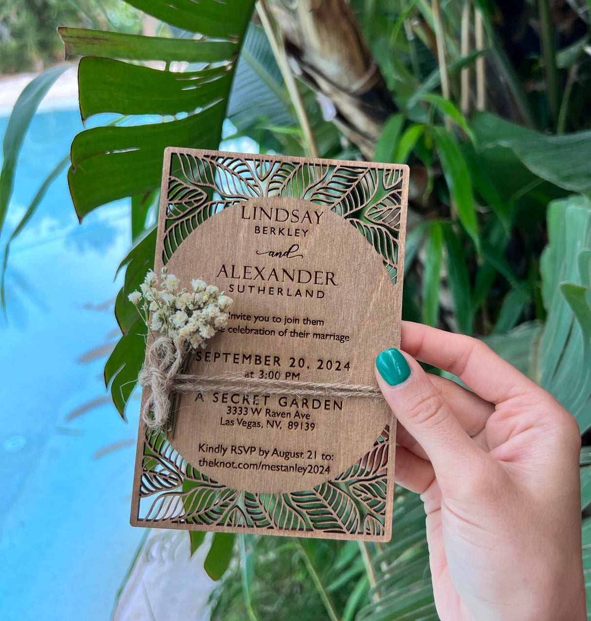 Pack of Personalized Wood Wedding Invitation - Laser Cut Wedding Invitations - White Flower Twined Wooden Invitations with Envelopes & Stickers - vitawed