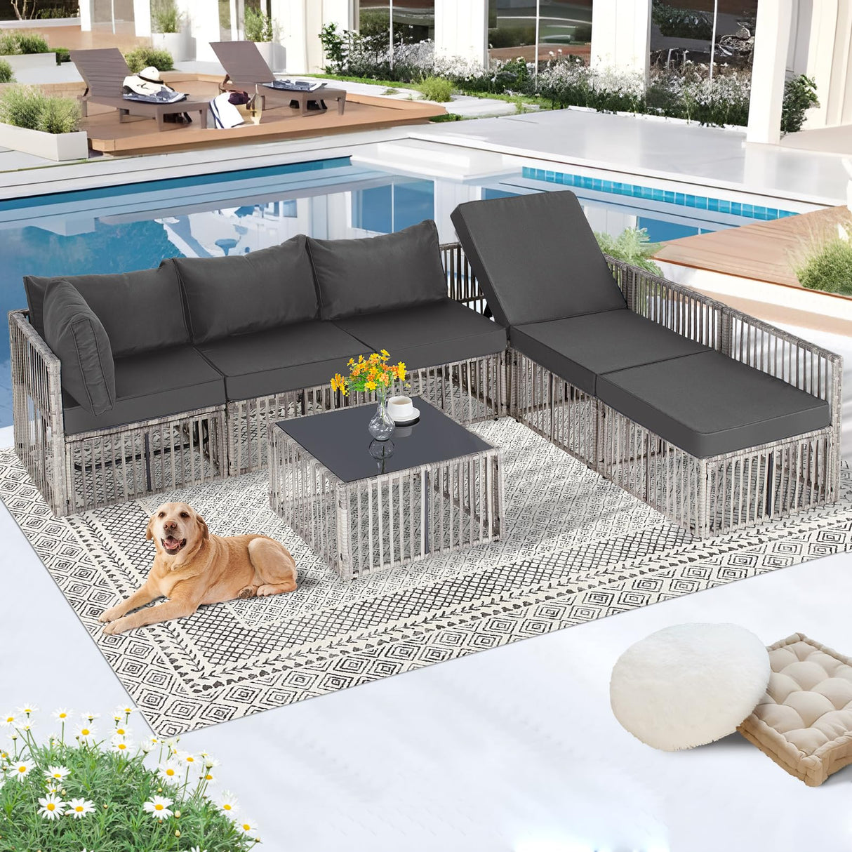 FHFO 7 Pieces Outdoor Patio Furniture Set, Wicker Outdoor Sectional Conversation Couch Set with Adjustable Backrest Sofa, Grey Cushions & Coffee Table for Outside,Garden,Deck,Grey FHFO