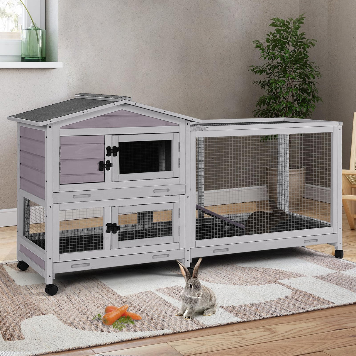Suumerpety Rabbit Cage,Indoor Rabbit Hutch with Matel Frame and Pull Out Tray,Rabbit Hutch Chicken Coop with Run (Grey) Suumerpety