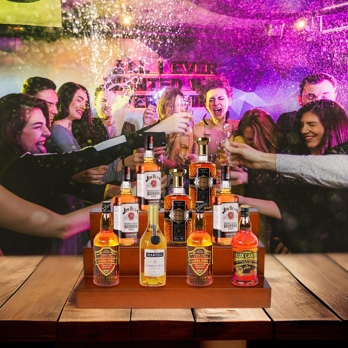 AGJIDSO Liquor Bar Bottle Display Shelf, 3 Tier Solid Wood Liquor Bottle Stand, Bar Liquor Shelves for Home, Bar, Kitchen AGJIDSO