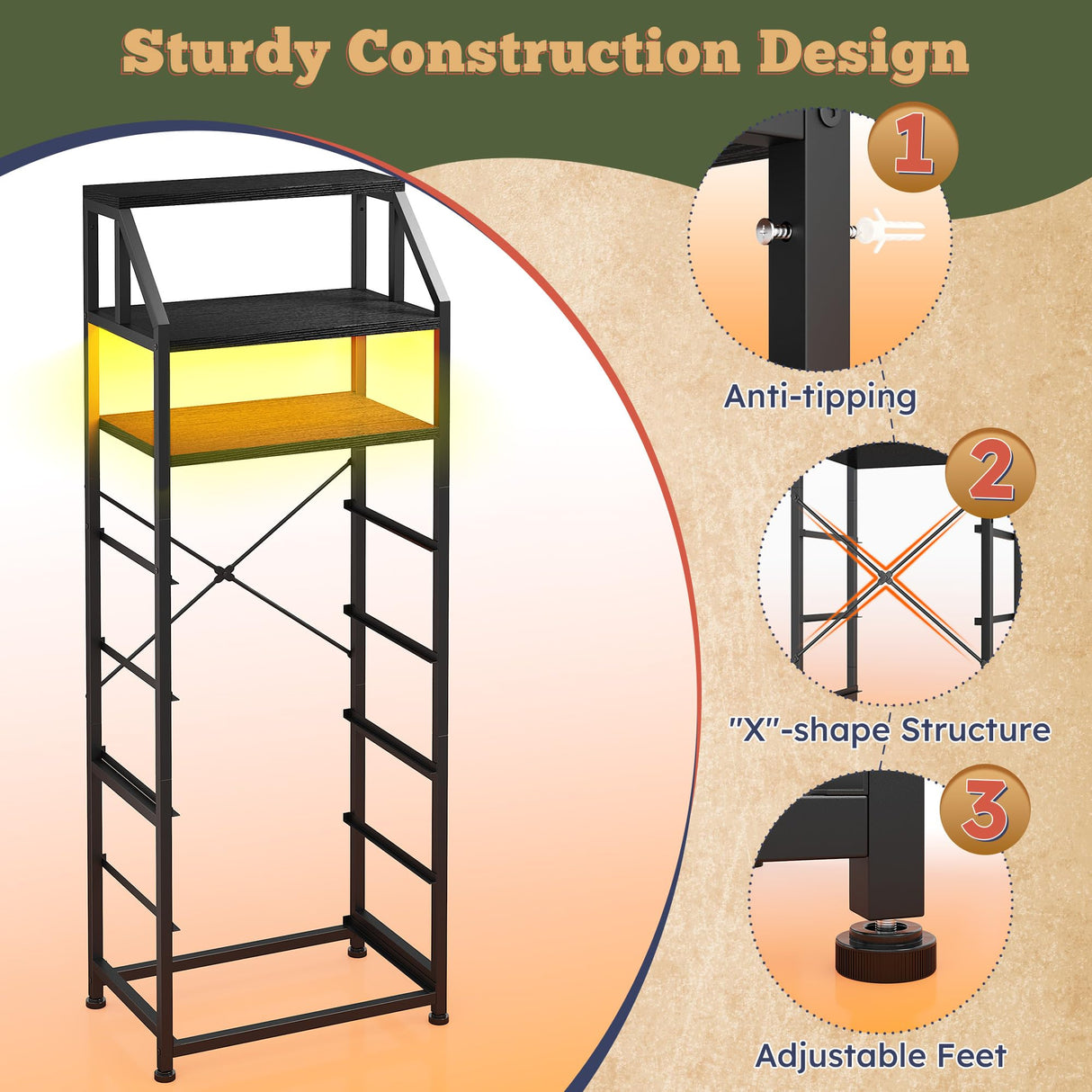 51.2" H Dresser for Bedroom with LED Lights, Night Stand with 7 Drawers, Dressers & Chests of Drawers with Open Wood Shelf, Metal Frame, Bedside Table with Fabric Storage Bins, Black EnHomee