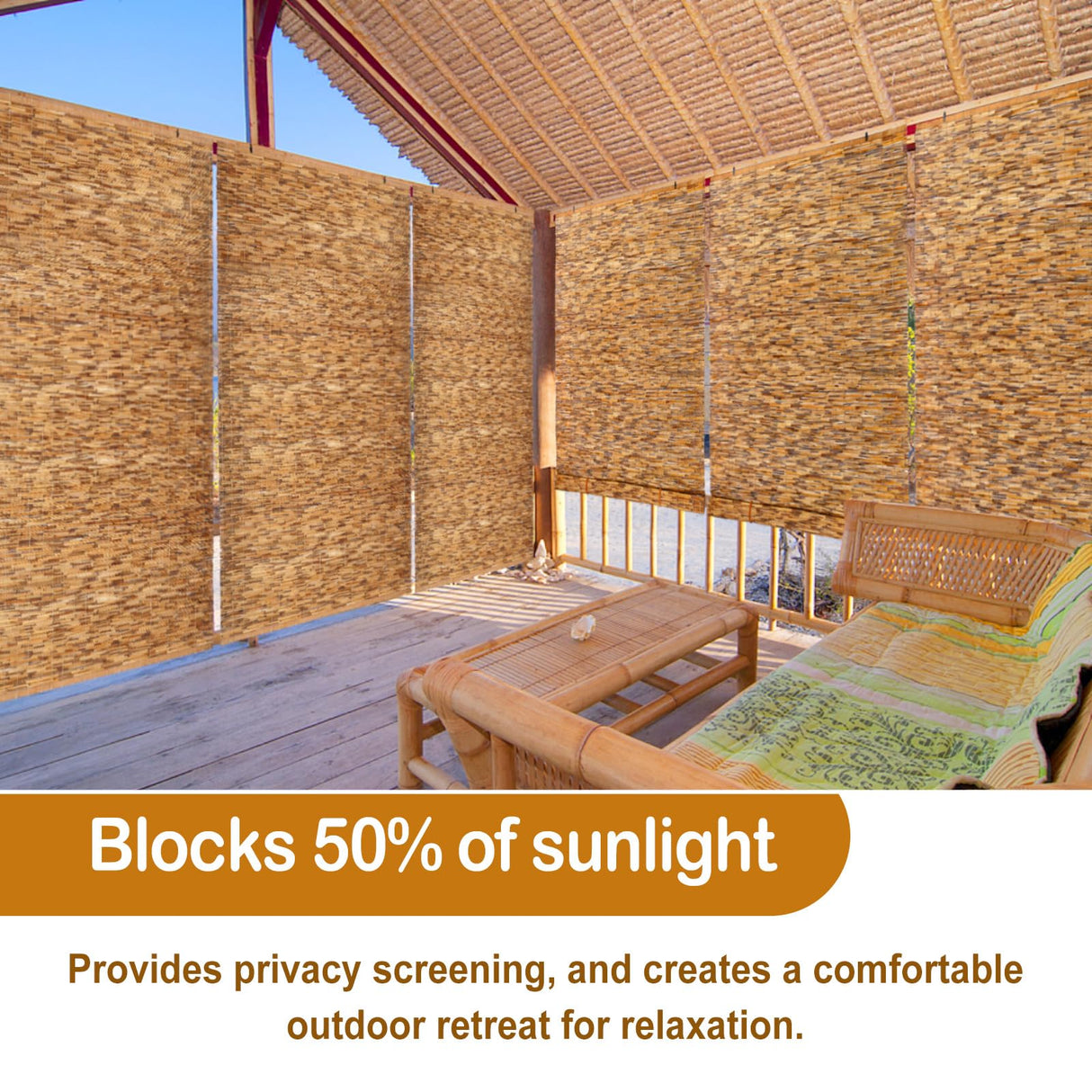 DoubleFill 2 Pcs Bamboo Shades Outdoor Reed Roll Up Blinds 48" W x 72" H Blackout Sunshade Cordless Bamboo Blinds for Home Porch, Patio & Windows Decor Shutters Sunlight Privacy Screen DoubleFill