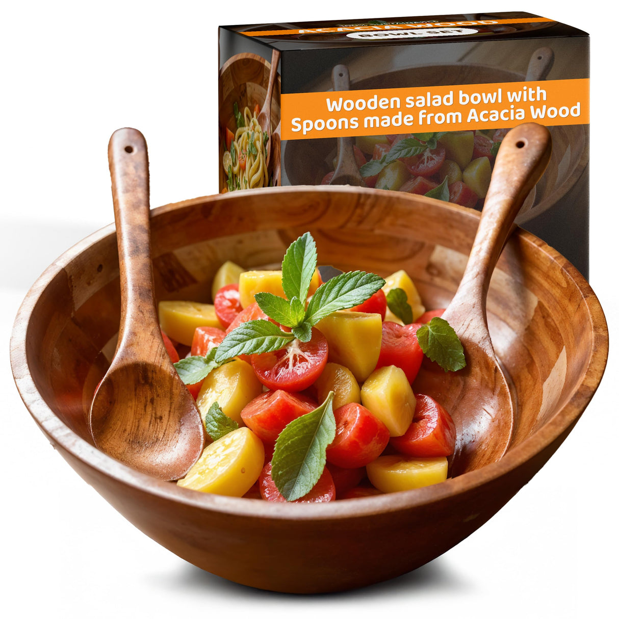 Acacia Wooden Salad Bowl with 2 Serving Spoons – Large Wood Fruit Bowl, Perfect for Salad, Popcorn, and Pasta, Ideal Housewarming Gifts for New Home, Rustic Wooden Serving Bowl Set Shalinindia