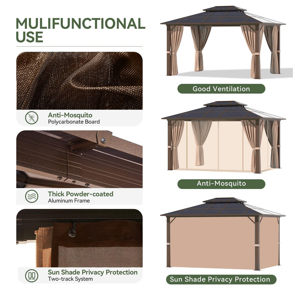 Aoxun 10'x12' Hardtop Gazebo, Aluminum Frame Permanent Pavilion with Curtains and Netting, Outdoor Polycarbonate Gazebo, Double Roof Canopy, for Gardens, Patios, Lawns Aoxun