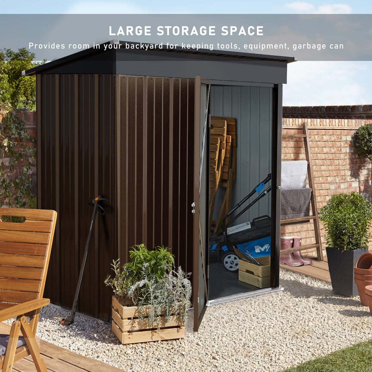 LEMBERI 5x3 FT Outdoor Storage Shed with Floor,Tool Garden Metal Sheds with Lockable Door,Outside Waterproof Galvanized Steel Storage House for Backyard Garden, Patio, Lawn Brown LEMBERI